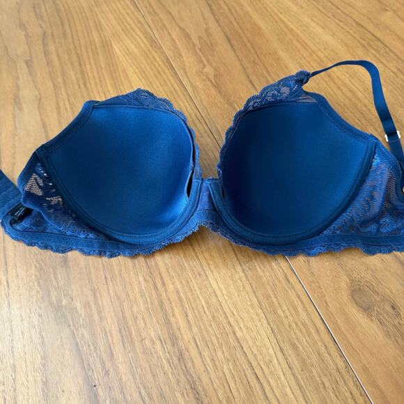 Natori Bra 32DD Feathers Plunge T Shirt Navy Gray Underwire Lace 730023 - Picture 6 of 13